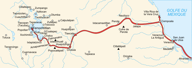 Carta del percorso di Cortés verso Tenochtitlan