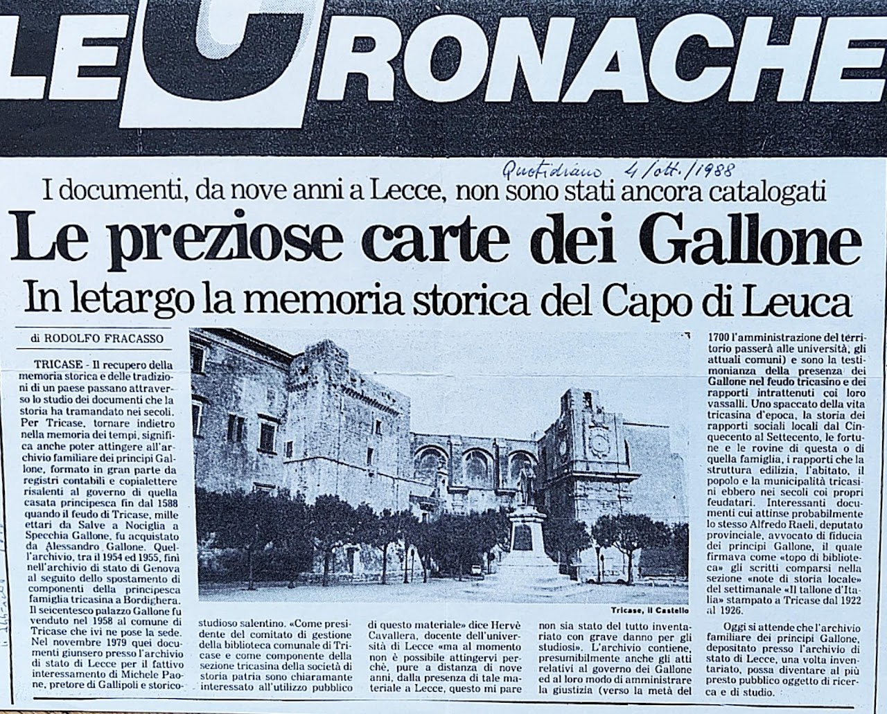 Ritaglio di giornale del 1988 dedicato alle carte d’archivio dei Gallone