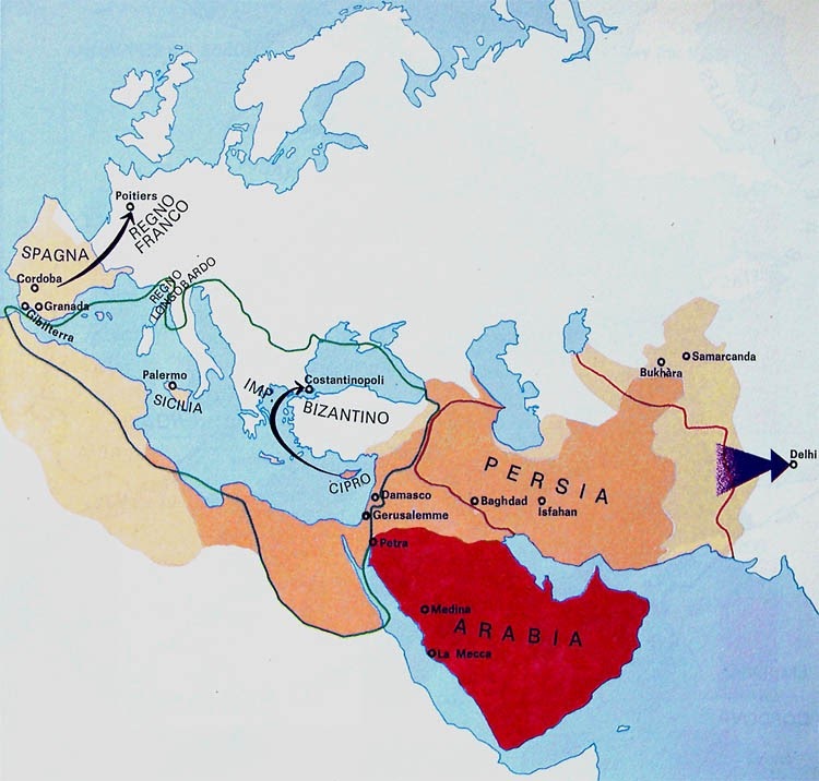 Carta dell’Arabia e dell’espansione islamica delle origini
