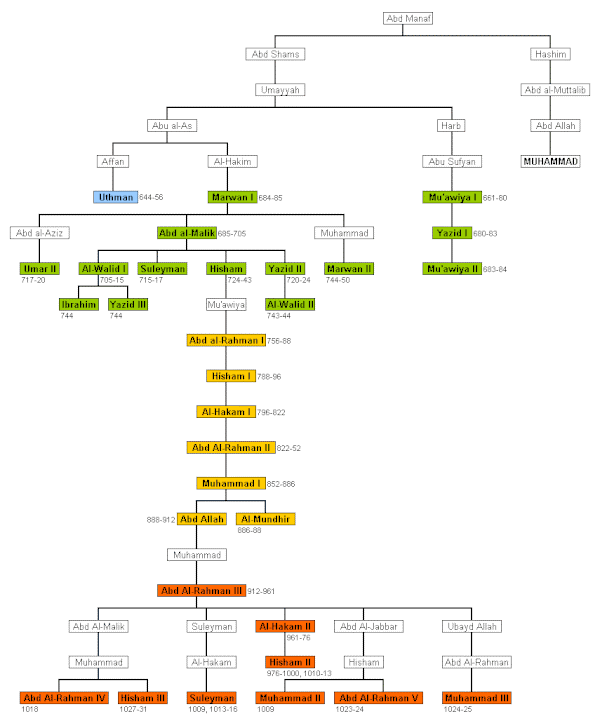 Albero genealogico colorato della dinastia degli Omayyadi